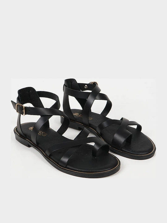 Leather Women's Flat Sandals in Black Color
