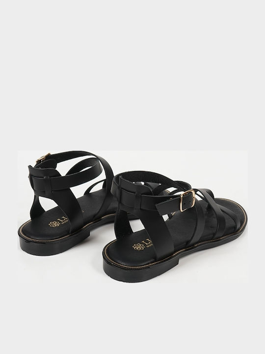 Leather Women's Flat Sandals in Black Color