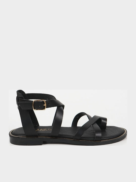 Leather Women's Flat Sandals in Black Color