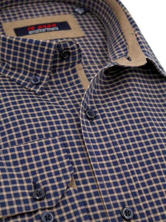 La Pupa Men's Shirt Long Sleeve Cotton Checked Navy Blue