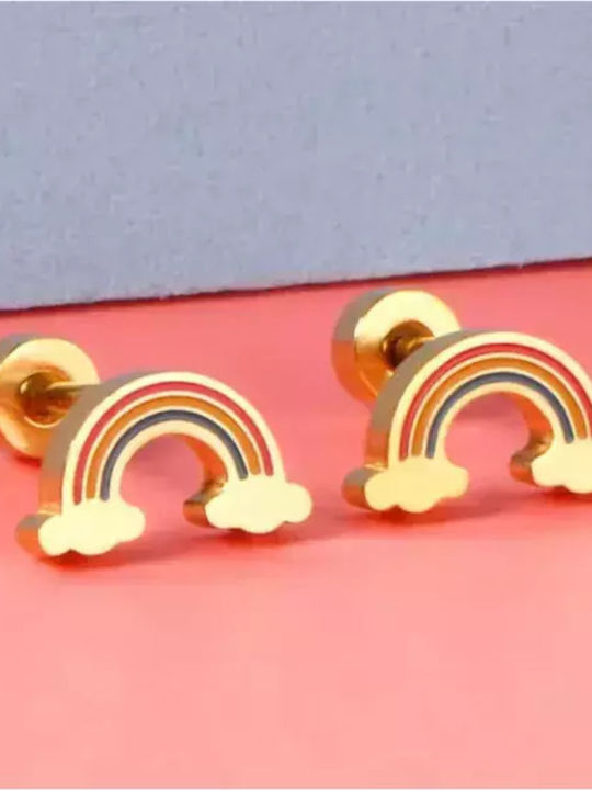 Hypoallergenic Kids Earrings Rainbow Steel 316l Gold Bode 02402