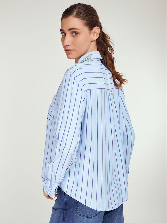 MyCesare Women's Striped Long Sleeve Shirt Light Blue