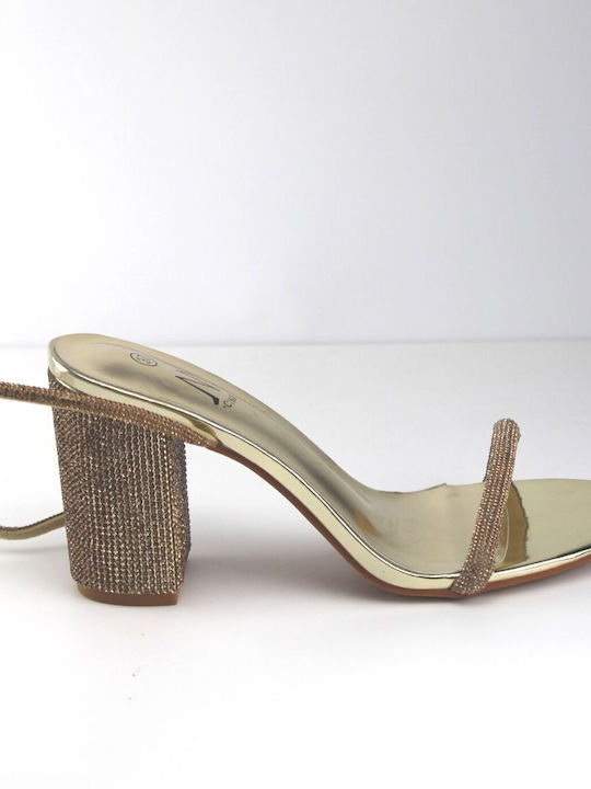 Gold lace-up sandal with rhinestones on the heel