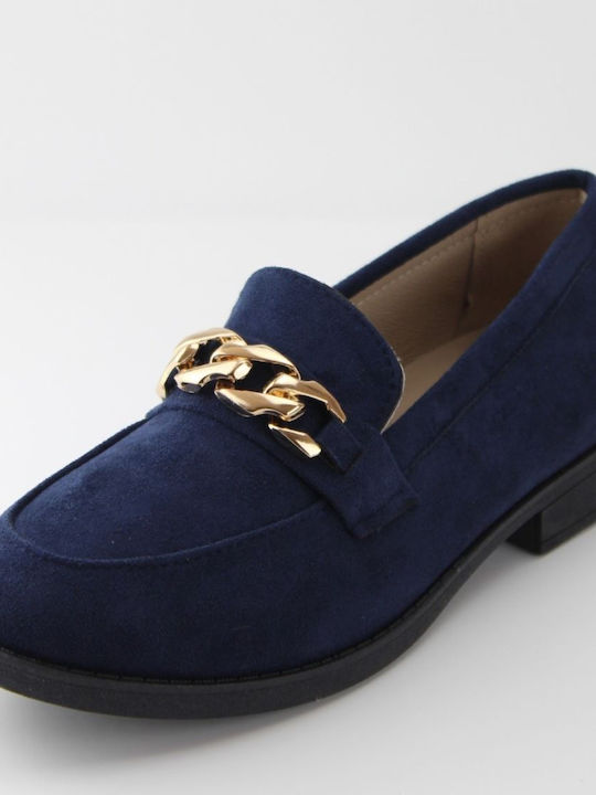 Navy suede moccasin with gold buckle