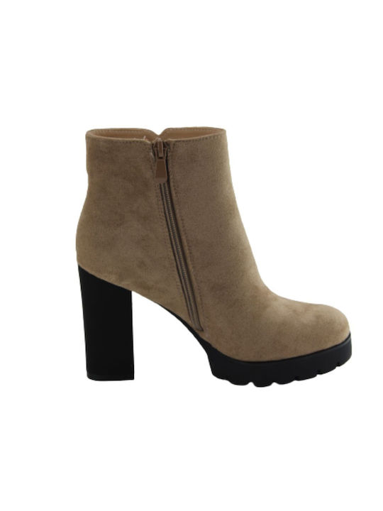 Ankle boot with high heel in khaki color + suede texture