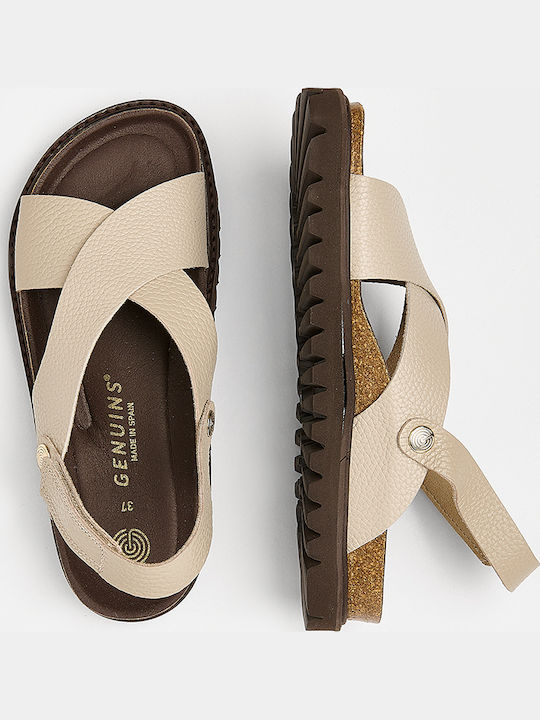 Leather Women's Flat Sandals Anatomic with Strap in Beige Color