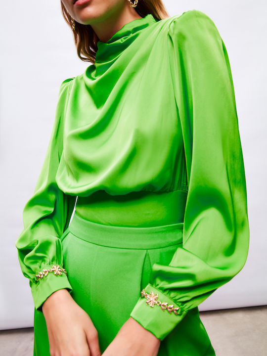 Sateen Γυναικεία Μπλούζα Σατέν με Φερμουάρ Πράσινη