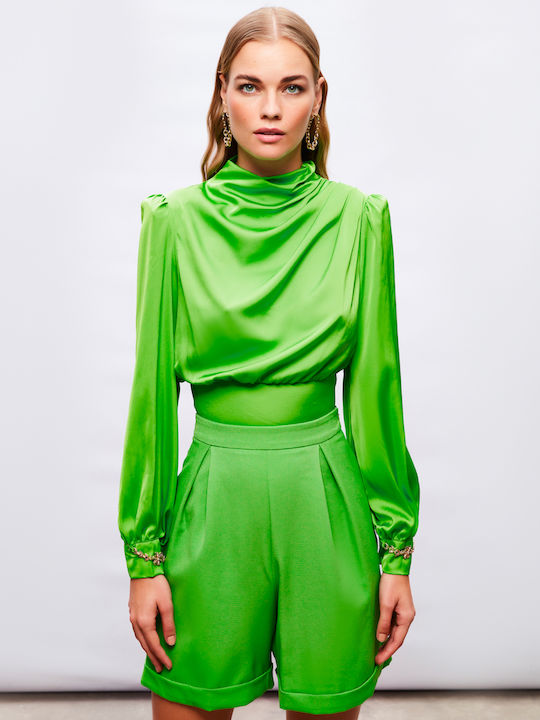 Damen Bluse Satin mit Reißverschluss Grün