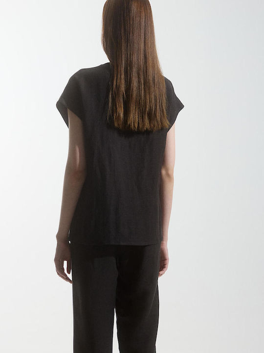 Bill Cost Women's Summer Blouse Linen Short Sleeve Black