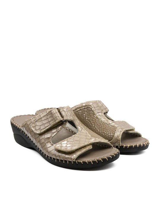 Leather Women's Flat Sandals in Beige Color