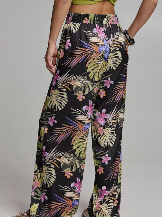 Women's Fabric Trousers with Elastic in Regular Fit Black