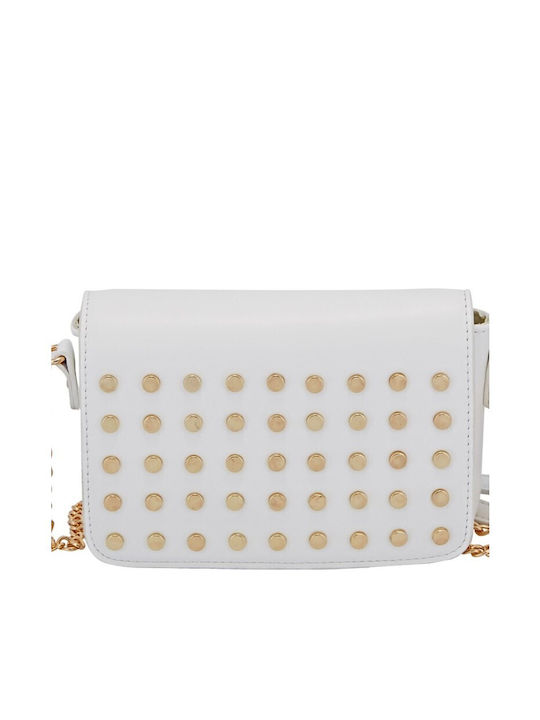 Crossbody Faux Leather Bag with Decorative Studs on Flap 18cmx12cmx6cm White