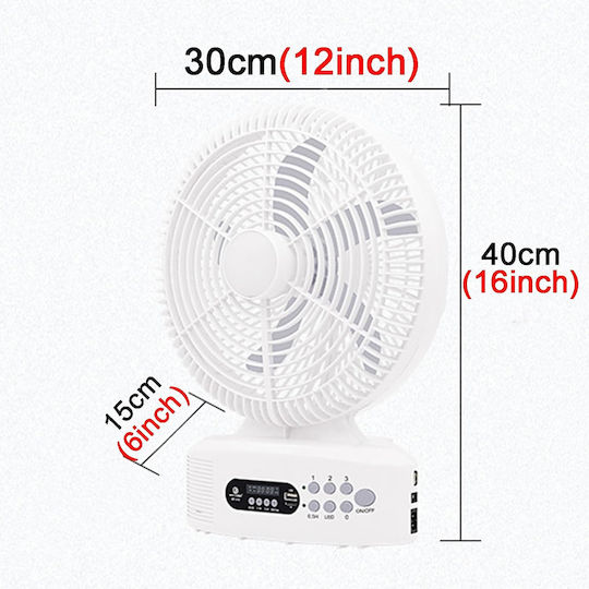 Ventilator de masă solar portabil 30cm 3 viteze Power Bank Bluetooth Speaker Radio LED Light Andowl Q-132 Alb