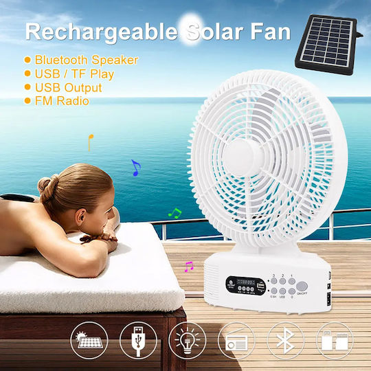 Ventilator de masă solar portabil 30cm 3 viteze Power Bank Bluetooth Speaker Radio LED Light Andowl Q-132 Alb
