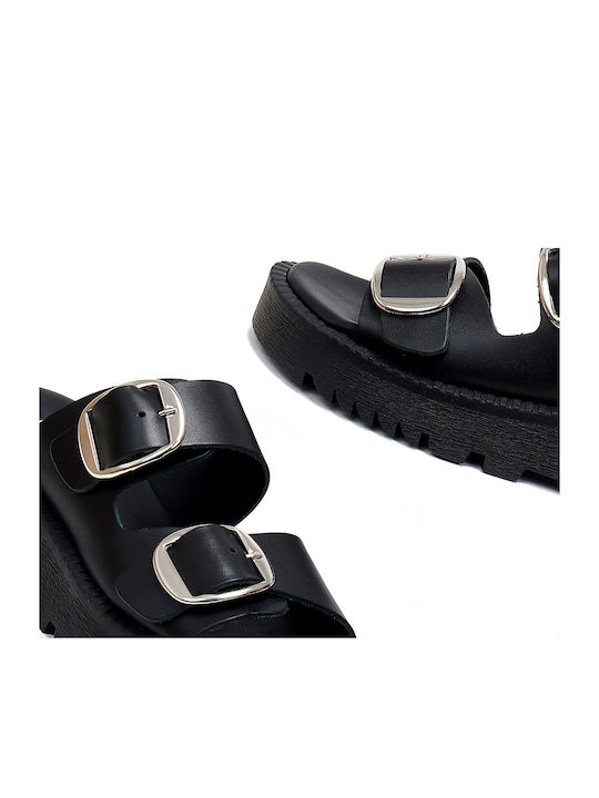 Beatris Leather Women's Flat Sandals Flatforms in Black Color