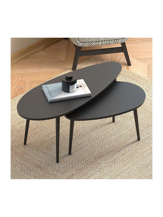 Oval Coffee Table Elips Wooden Black Velvet-Black Metal 2pcs L116xW46xH46cm.