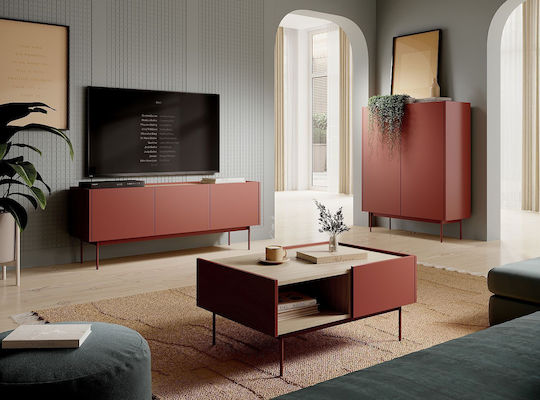 Rechteckiger Zentral Kaffeetisch Farbe Holz mit Schubladen Rot + Natur M97xL65xH45cm