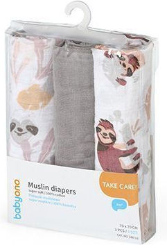 Babyono Πάνες Αγκαλιάς από Μουσελίνα Grey 70x70εκ. 3τμχ