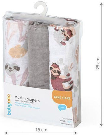 Babyono Πάνες Αγκαλιάς από Μουσελίνα Grey 70x70εκ. 3τμχ