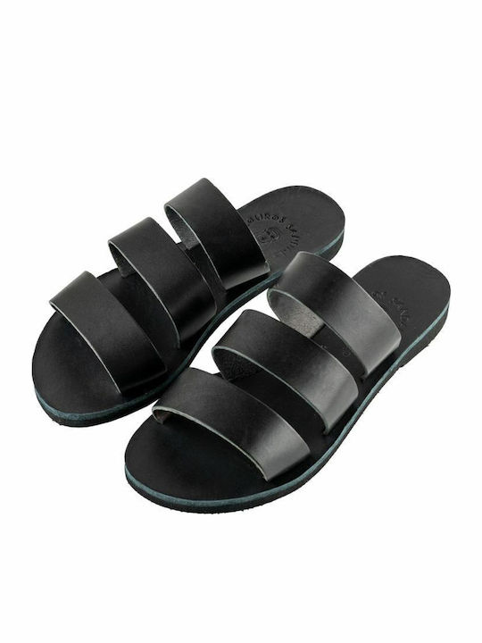 Leather Women's Flat Sandals in Black Color