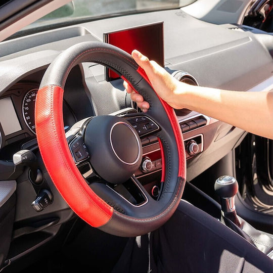 Autoline Κάλυμμα Τιμονιού Αυτοκινήτου με Διάμετρο 38εκ. Δερμάτινο Μαύρο με Μπεζ Ραφή