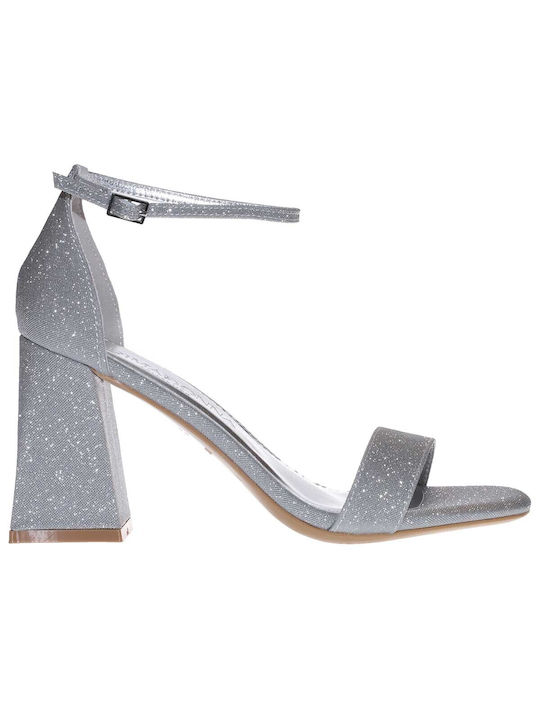 Primadonna Women's Sandals with Ankle Strap Silver with Thin High Heel