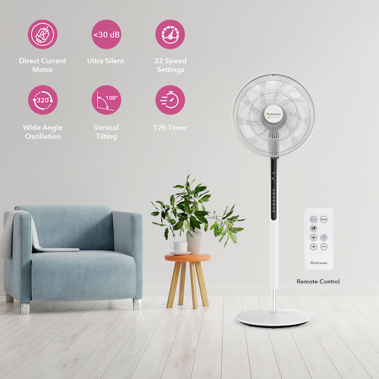 Rohnson Pedestal Fan 33W 35.5cm Diameter With Remote Control White