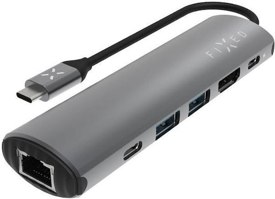 Fixed Hub Pro 6in1 USB-C Докинг станция с HDMI 4K PD Етърнет Сив