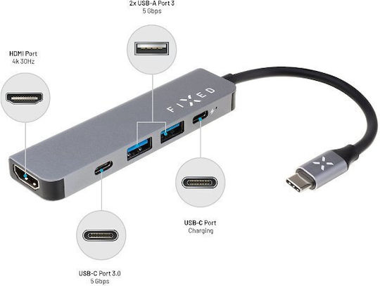 Fixed 5V1 USB-C Докинг станция с HDMI 4K PD Сив