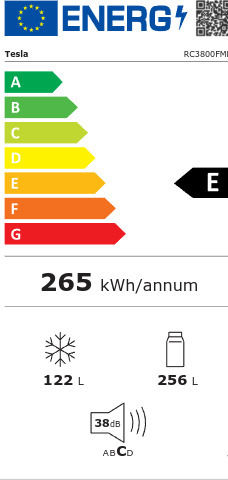 Tesla Ψυγειοκαταψύκτης 378lt Total NoFrost Υ201xΠ59.5xΒ66εκ. Μαύρος RC3800FMB