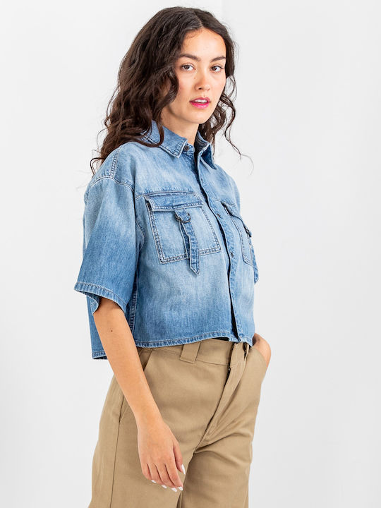 Cămașă De Damă Din Denim Cu Mâneca Scurtă Albastră