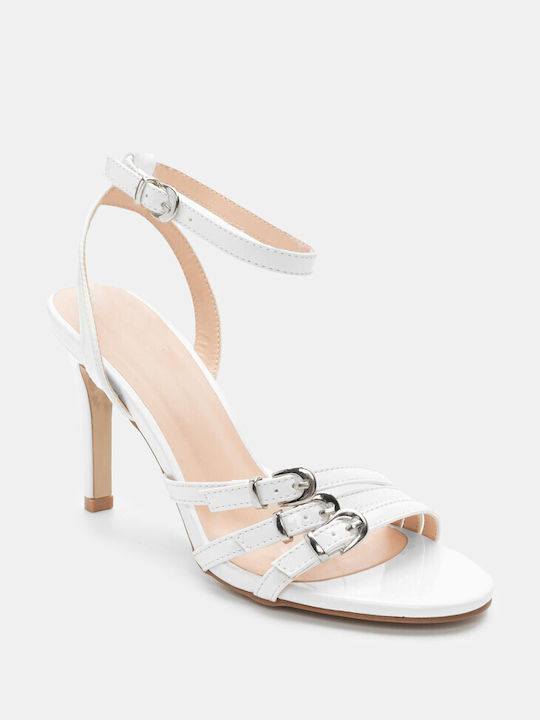 Luigi Patent Leather Women's Sandals with Ankle Strap White with High Heel