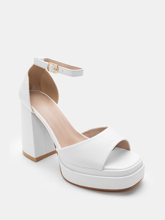 Luigi Platform Synthetic Leather Women's Sandals with Ankle Strap White with Low Heel