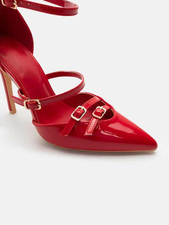 Luigi Synthetic Leather Pointed Toe Red High Heels with Strap