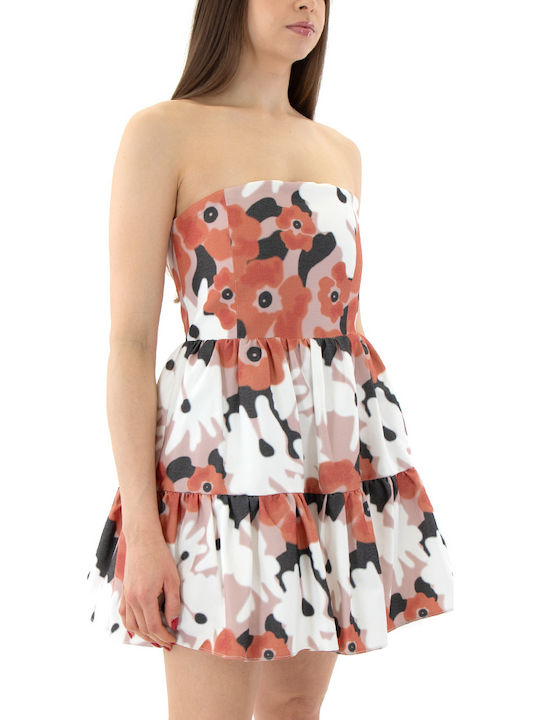 Summer Mini Dress for Wedding - Christening Strapless Floral JB-24044-Satin Multicolour