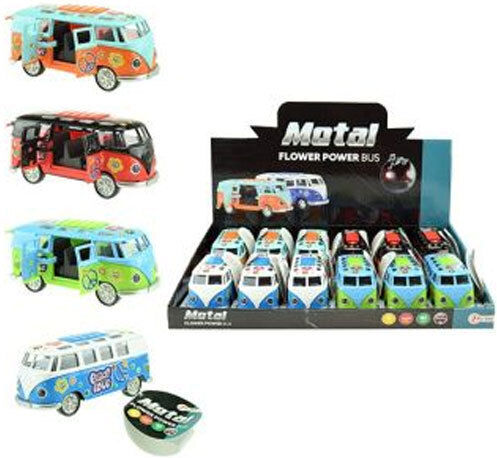 Miniature Metal Car Vw Flower Power Bus Light Sound Blue Green