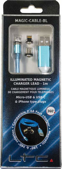 LTC Audio LED USB to Lightning / Type-C / micro USB Cable Μπλε 1m