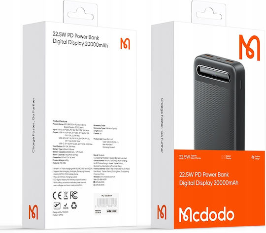 Mcdodo MC-3891 Power Bank 20000mAh 22.5W με 2 Θύρες USB-A και Θύρα USB-C Power Delivery Μαύρο