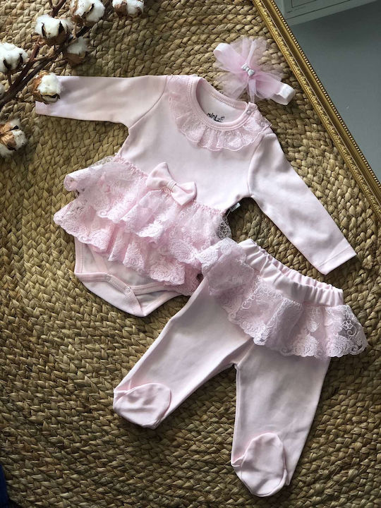 Miniborn Set Body pentru Bebeluși Mânecă lungă cu Pantaloni Rose 2buc