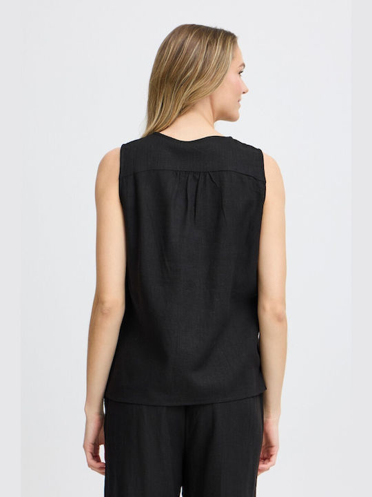 Women's Summer Blouse Linen Sleeveless with V Neckline Black
