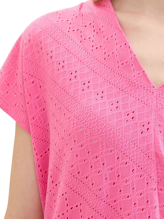Women's Blouse Short Sleeve with V Neckline Carmine Pink