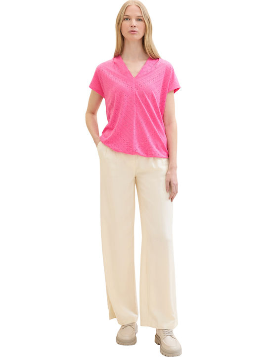 Women's Blouse Short Sleeve with V Neckline Carmine Pink