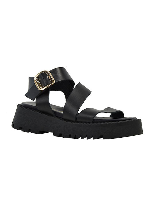 Piedini Leder Damen Flache Sandalen in Schwarz Farbe