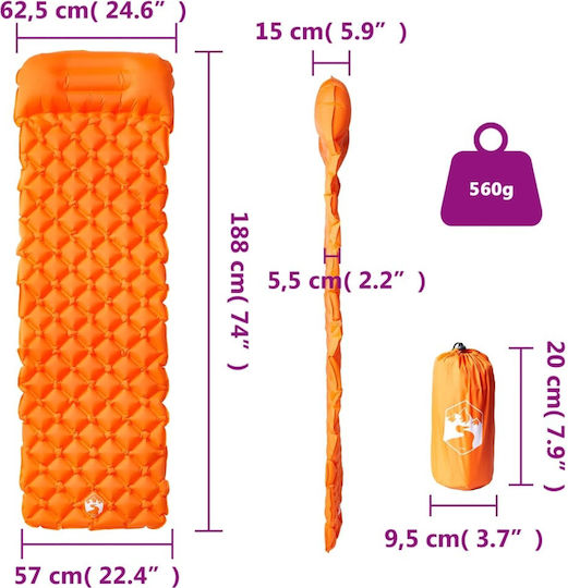 vidaXL Μονό Υπόστρωμα Camping 188x62cm Πάχους 5.5cm Πορτοκαλί