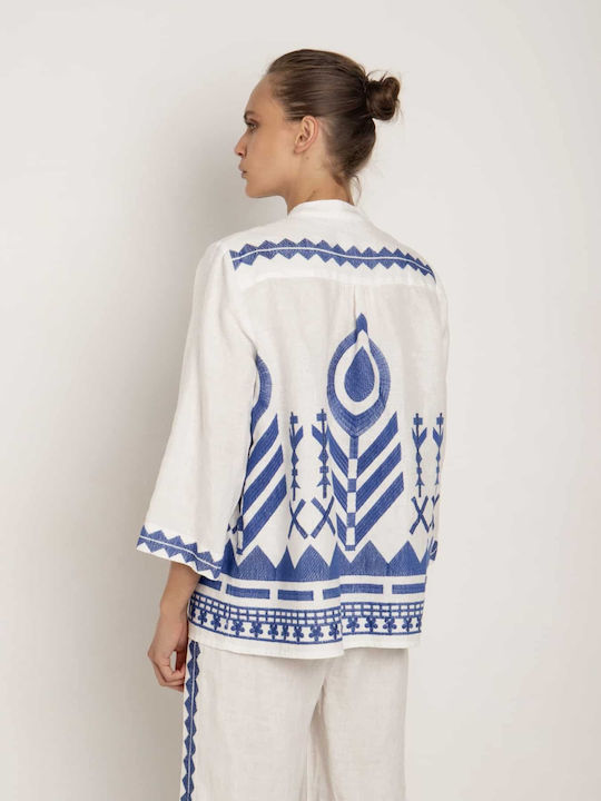 Greek Archaic Kori Women's Summer Crop Top Linen with 3/4 Sleeve White/royal Blue
