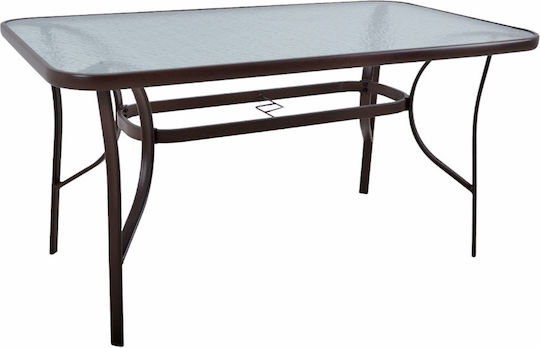 Outdoor Dinner Free Standing Table with Glass Surface and Metal Frame Dark Brown 140x80x70cm