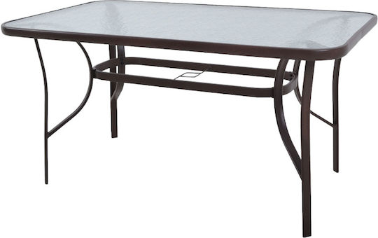 Outdoor Dinner Free Standing Table with Glass Surface and Metal Frame Dark Brown 140x80x70cm