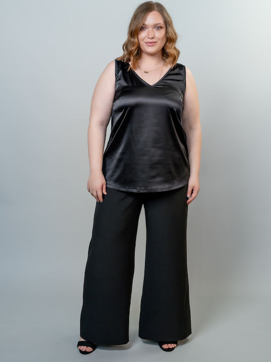 Maniags pentru Femei Bluză din Satin Fără mâneci cu Decolteu în V Black