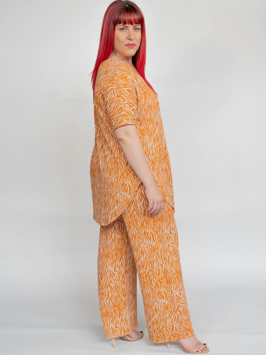 Maniags Γυναικεία Υφασμάτινη Παντελόνα με Λάστιχο Λεοπάρ Πορτοκαλί