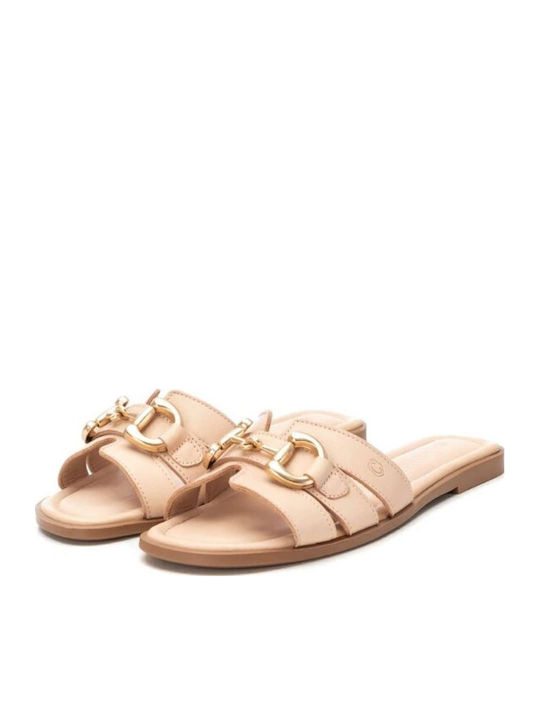 Leather Women's Flat Sandals in Beige Color